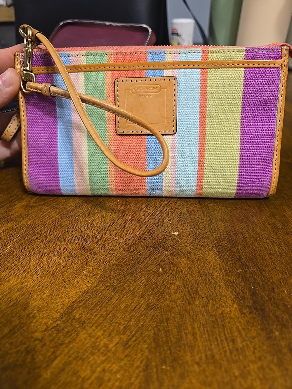 Coach Striped Canvas Wristlet - Pink, Green, Blue & Orange